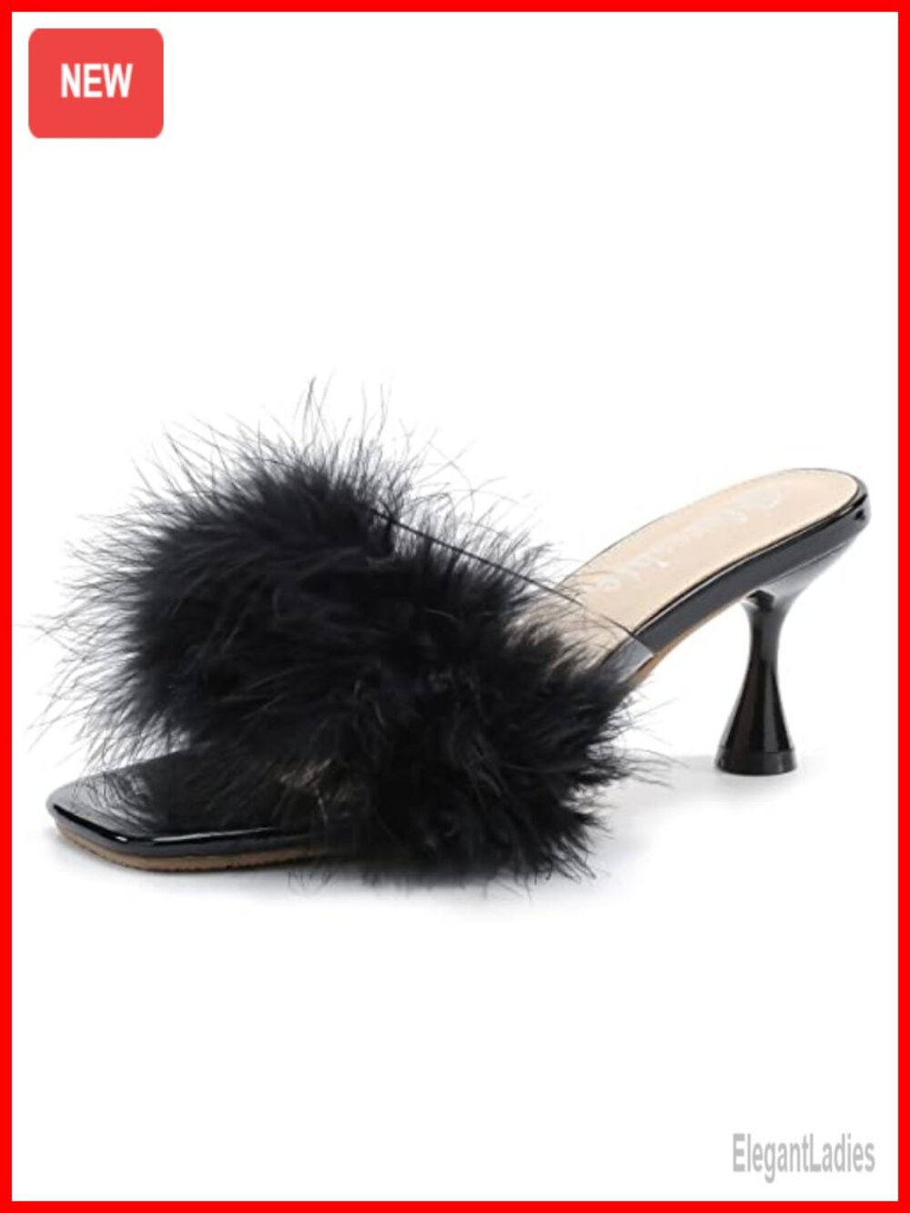 Women's Feather Mule Sandals Kitten Heel Square Open Toe Slip On Fur Clear Strap
